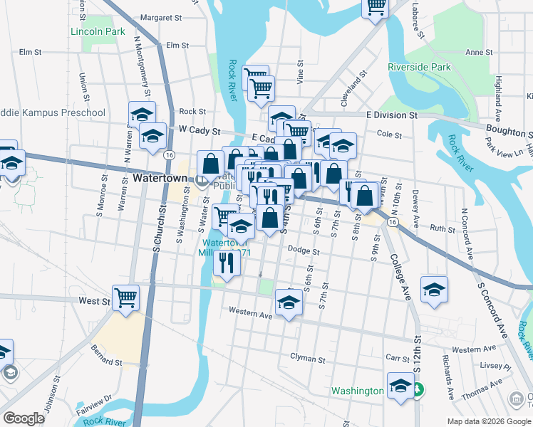 map of restaurants, bars, coffee shops, grocery stores, and more near 202 South 3rd Street in Watertown