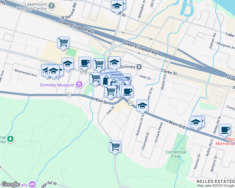 map of restaurants, bars, coffee shops, grocery stores, and more near 3 Main Street West in Grimsby