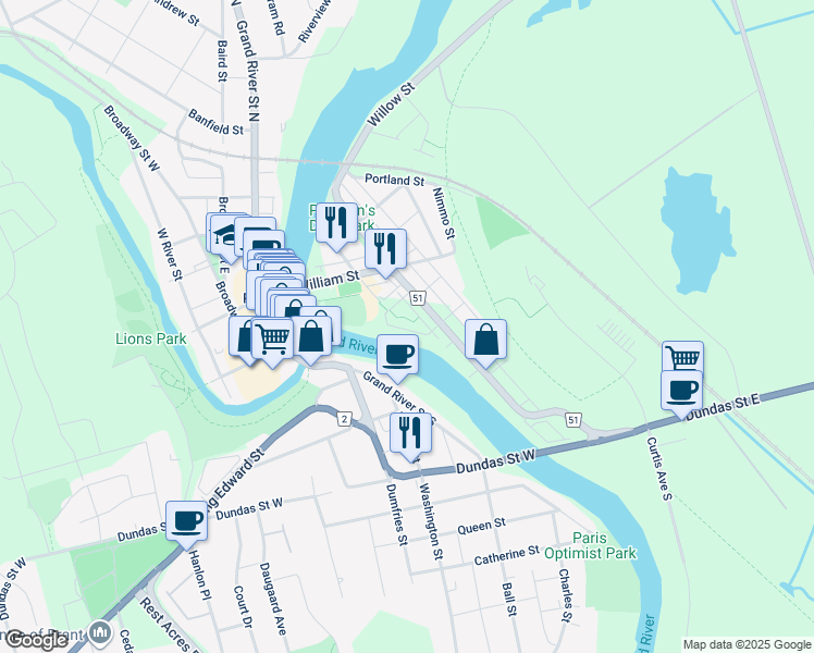 map of restaurants, bars, coffee shops, grocery stores, and more near 80 Willow Street in Brant