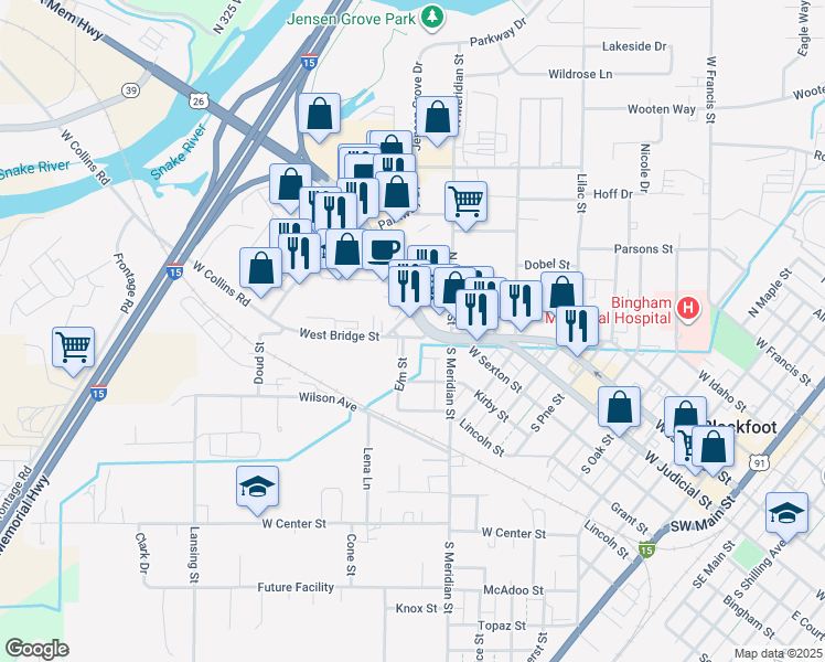 map of restaurants, bars, coffee shops, grocery stores, and more near 990 West Bridge Street in Blackfoot