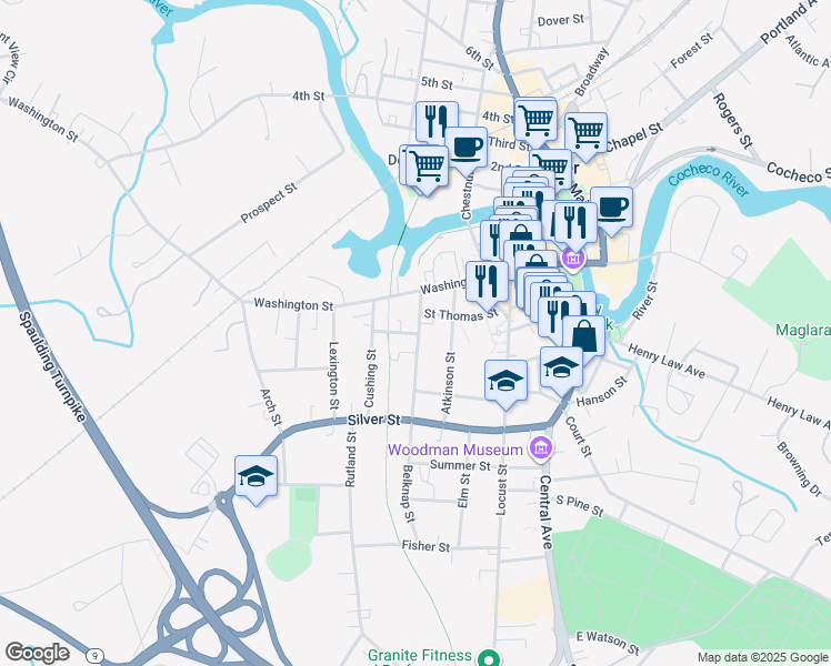 map of restaurants, bars, coffee shops, grocery stores, and more near 31-33 Belknap Street in Dover