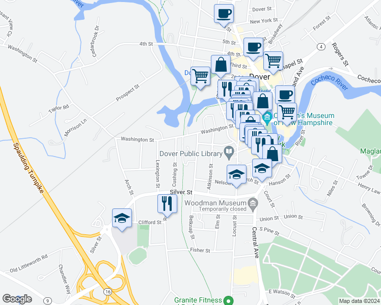map of restaurants, bars, coffee shops, grocery stores, and more near 33 Belknap Street in Dover