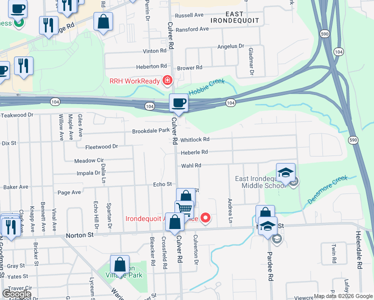 map of restaurants, bars, coffee shops, grocery stores, and more near 32 Wahl Road in Irondequoit