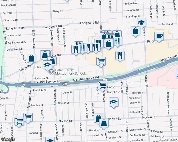 map of restaurants, bars, coffee shops, grocery stores, and more near 401 Seneca Manor Drive in Rochester