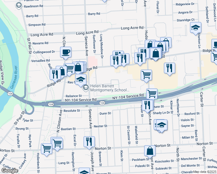 map of restaurants, bars, coffee shops, grocery stores, and more near 375 Seneca Manor Drive in Rochester