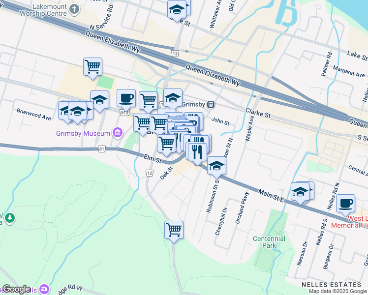 map of restaurants, bars, coffee shops, grocery stores, and more near 1 Main Street East in Grimsby