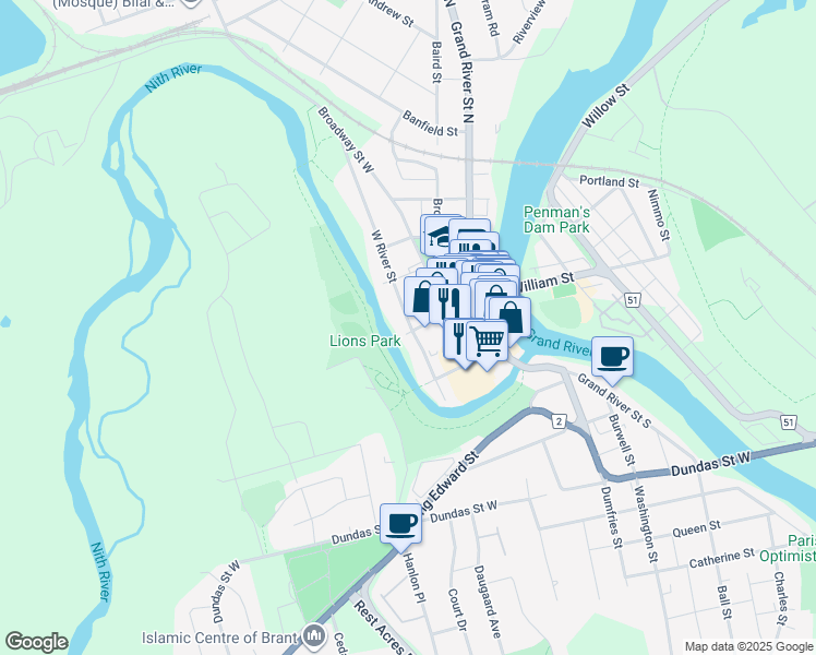 map of restaurants, bars, coffee shops, grocery stores, and more near 38 West River Street in Brant