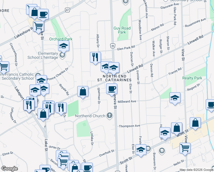 map of restaurants, bars, coffee shops, grocery stores, and more near in St. Catharines