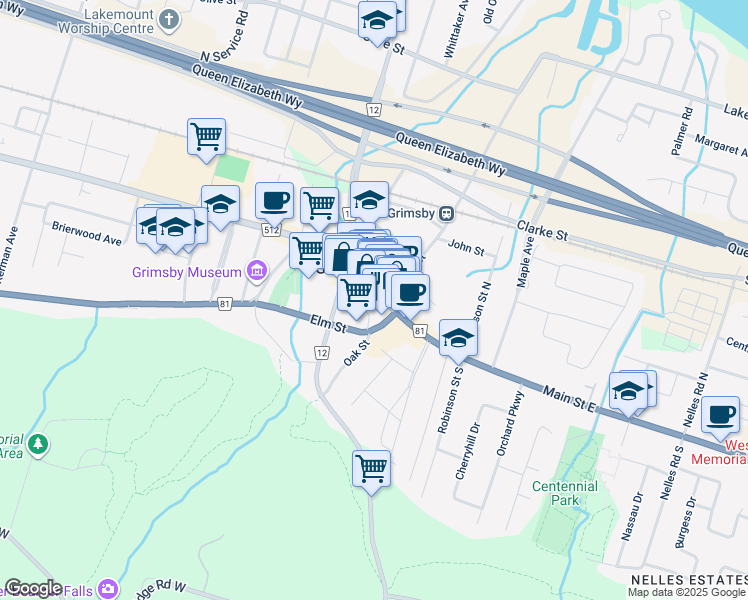 map of restaurants, bars, coffee shops, grocery stores, and more near 9 Main Street West in Grimsby