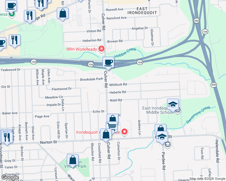 map of restaurants, bars, coffee shops, grocery stores, and more near 32 Wahl Road in Irondequoit
