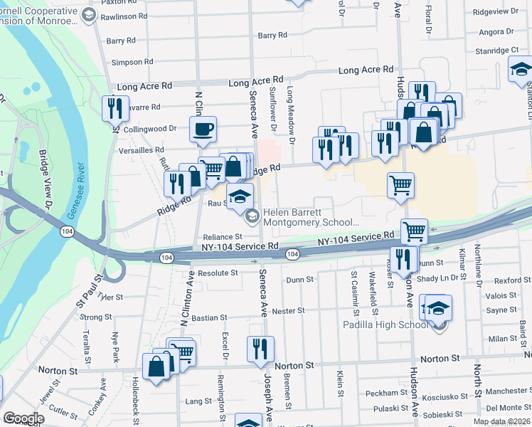 map of restaurants, bars, coffee shops, grocery stores, and more near 356 Seneca Avenue in Rochester