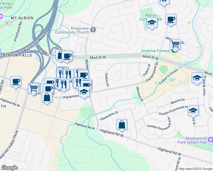 map of restaurants, bars, coffee shops, grocery stores, and more near 1 Markham Crescent in Hamilton