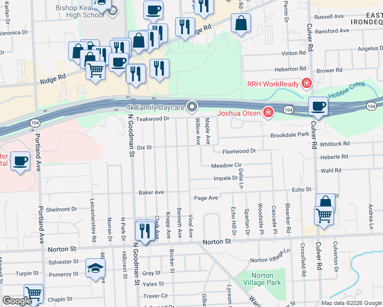 map of restaurants, bars, coffee shops, grocery stores, and more near 106 Willow Avenue in Rochester