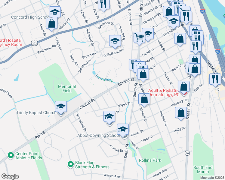 map of restaurants, bars, coffee shops, grocery stores, and more near 26 Clinton Street in Concord