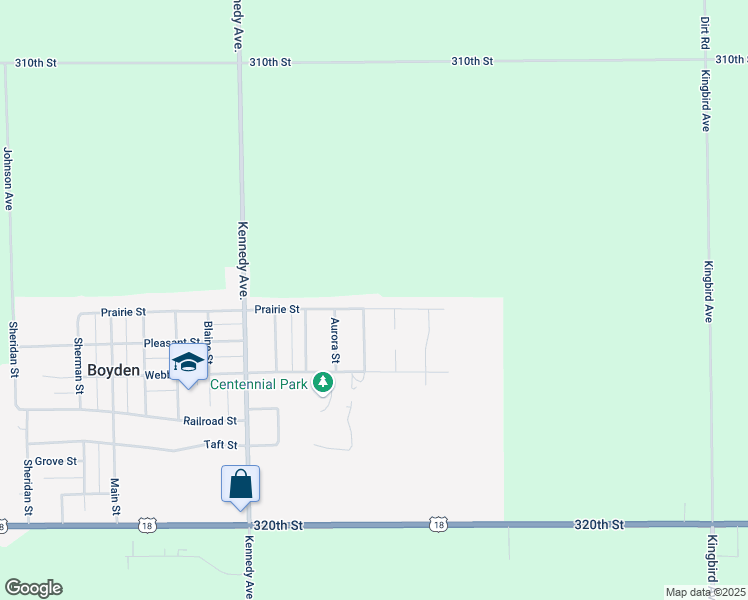 map of restaurants, bars, coffee shops, grocery stores, and more near 1599 Prairie Street in Boyden