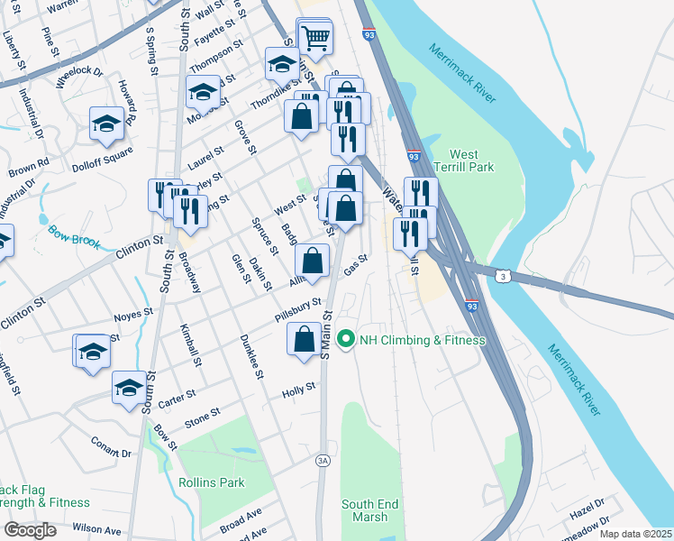 map of restaurants, bars, coffee shops, grocery stores, and more near 114 South State Street in Concord
