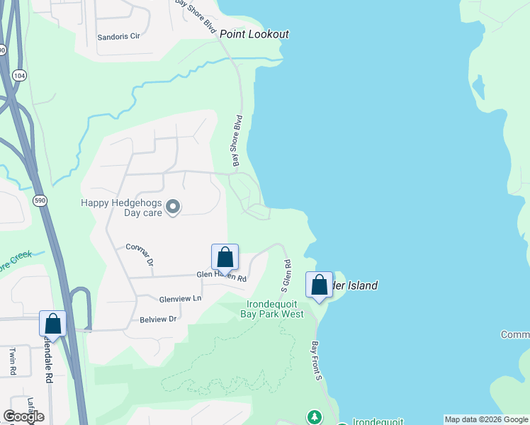 map of restaurants, bars, coffee shops, grocery stores, and more near 98 Bay Village Drive in Irondequoit