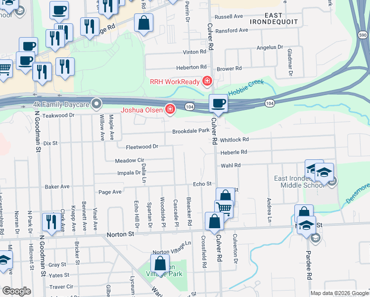 map of restaurants, bars, coffee shops, grocery stores, and more near 205 Brookdale Park in Rochester