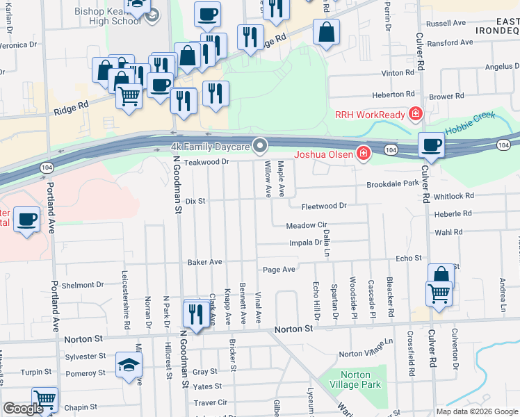 map of restaurants, bars, coffee shops, grocery stores, and more near 106 Willow Avenue in Rochester