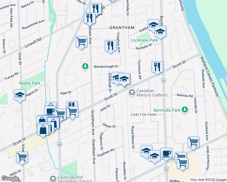 map of restaurants, bars, coffee shops, grocery stores, and more near 14 Edinburgh Drive in St. Catharines