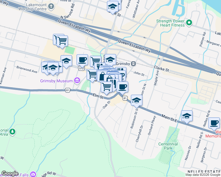 map of restaurants, bars, coffee shops, grocery stores, and more near 17 Main Street West in Grimsby