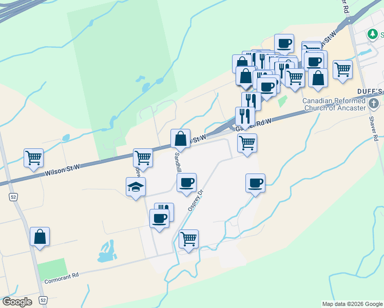 map of restaurants, bars, coffee shops, grocery stores, and more near 1336 Sandhill Drive in Hamilton