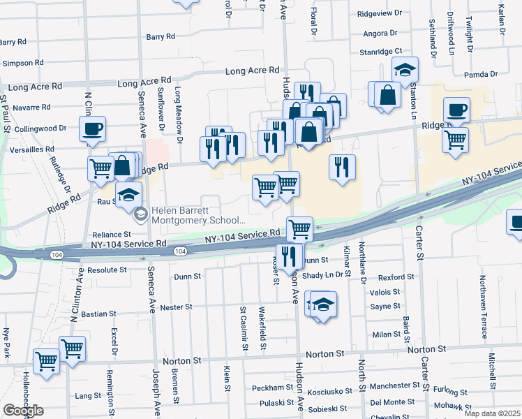 map of restaurants, bars, coffee shops, grocery stores, and more near 501 Seneca Manor Drive in Rochester