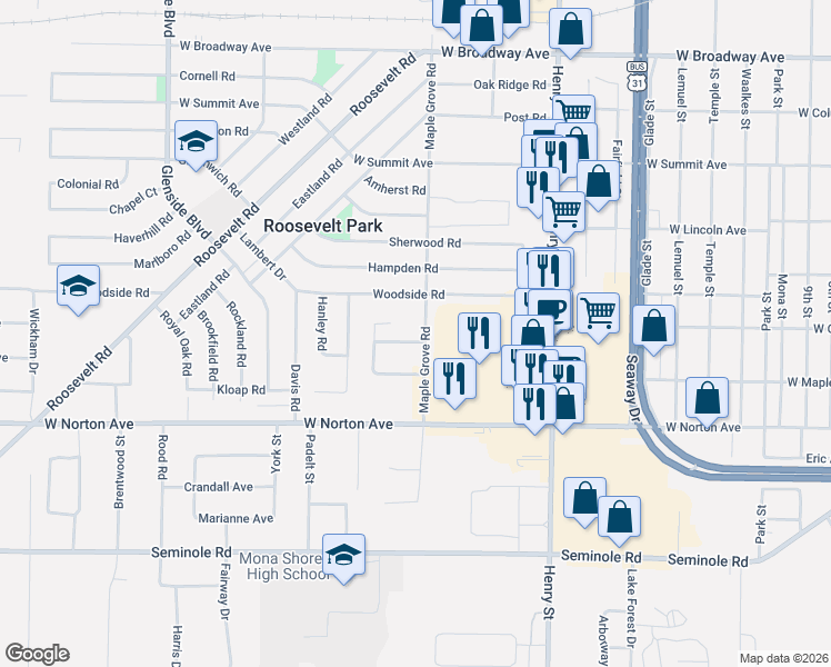 map of restaurants, bars, coffee shops, grocery stores, and more near 3224 Maple Grove Road in Muskegon