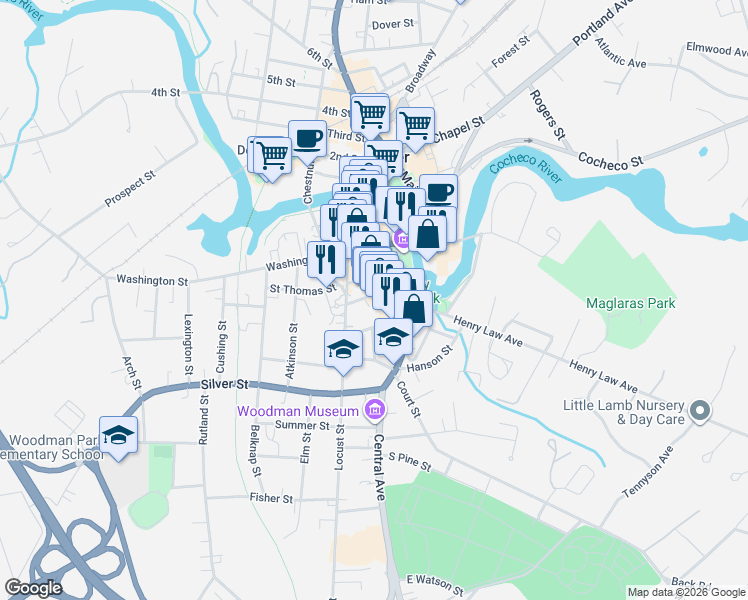 map of restaurants, bars, coffee shops, grocery stores, and more near 300 Central Avenue in Dover