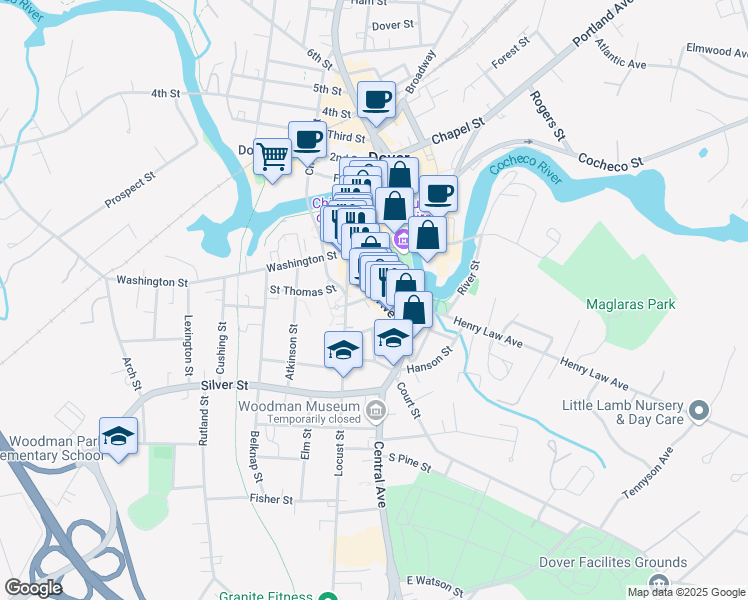 map of restaurants, bars, coffee shops, grocery stores, and more near 300 Central Avenue in Dover