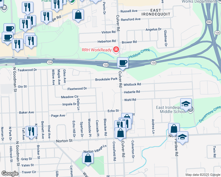 map of restaurants, bars, coffee shops, grocery stores, and more near 205 Brookdale Park in Rochester
