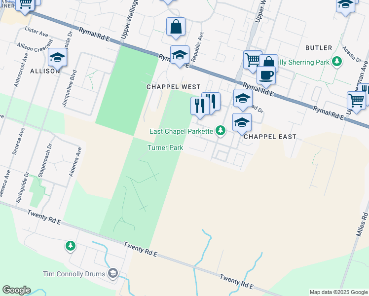 map of restaurants, bars, coffee shops, grocery stores, and more near 2 Polaris Court in Hamilton