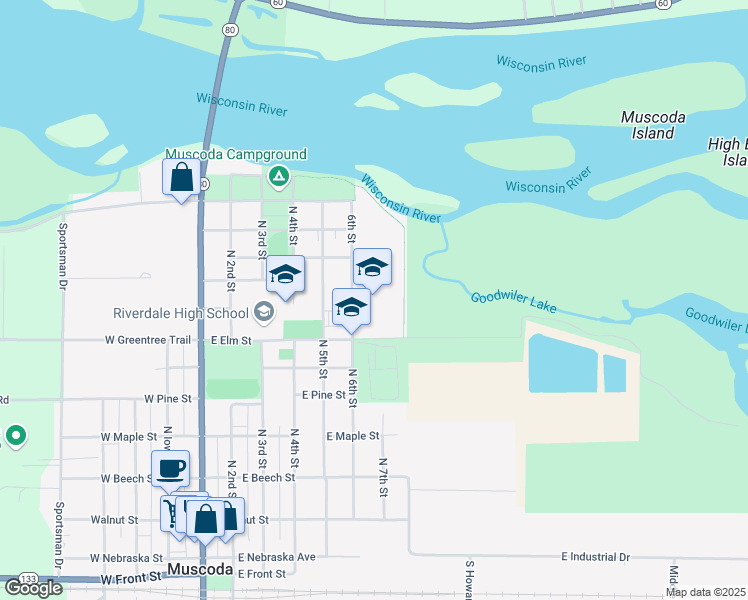 map of restaurants, bars, coffee shops, grocery stores, and more near 800 6th Street in Muscoda
