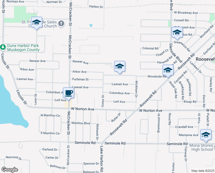 map of restaurants, bars, coffee shops, grocery stores, and more near 1758 Lawnel Avenue in Norton Shores