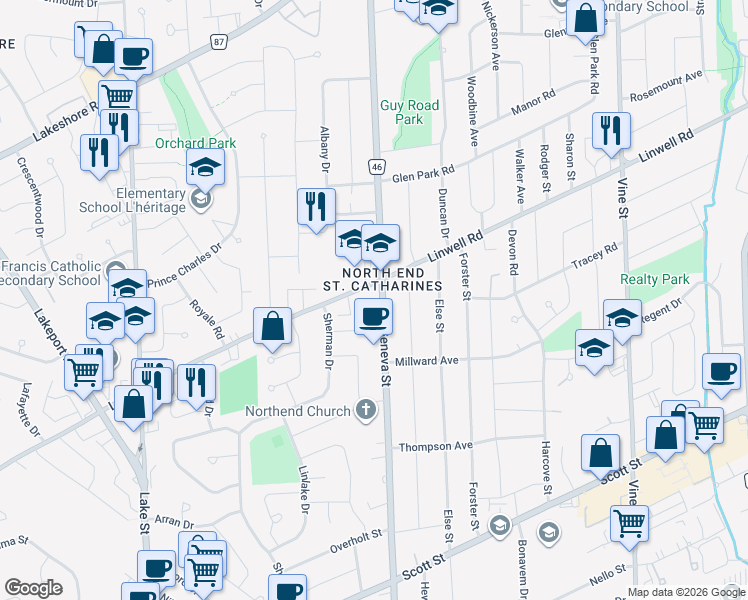 map of restaurants, bars, coffee shops, grocery stores, and more near 501 Geneva Street in Saint Catharines