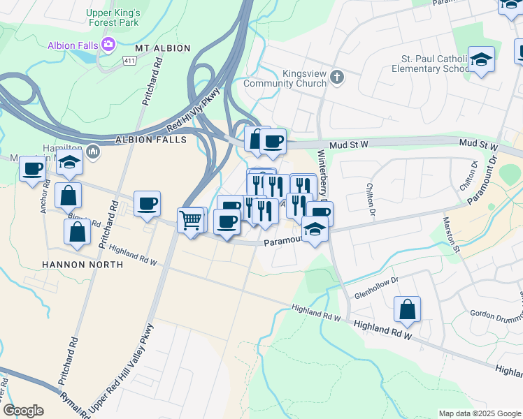 map of restaurants, bars, coffee shops, grocery stores, and more near 1791 Stone Church Road East in Hamilton
