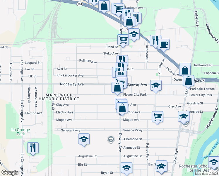 map of restaurants, bars, coffee shops, grocery stores, and more near 401 Ridgeway Avenue in Rochester