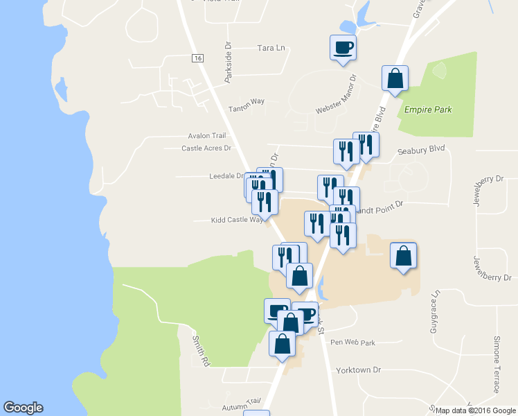 map of restaurants, bars, coffee shops, grocery stores, and more near 27 Terrel Drive in Webster