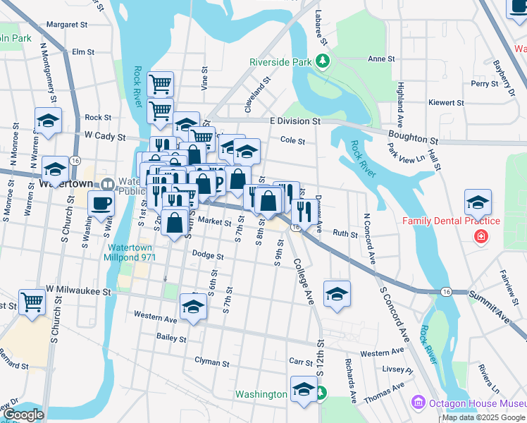map of restaurants, bars, coffee shops, grocery stores, and more near E Main St & S 8th St in Watertown