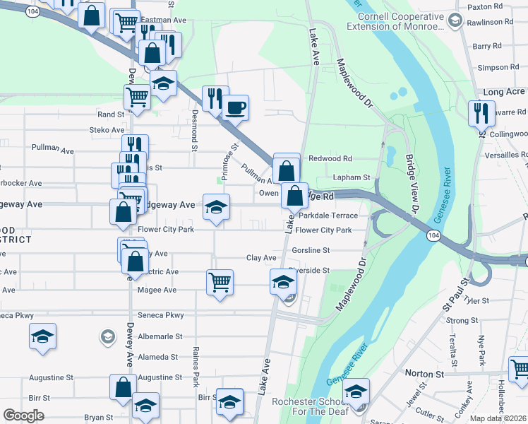 map of restaurants, bars, coffee shops, grocery stores, and more near 68 Ridgeway Avenue in Rochester
