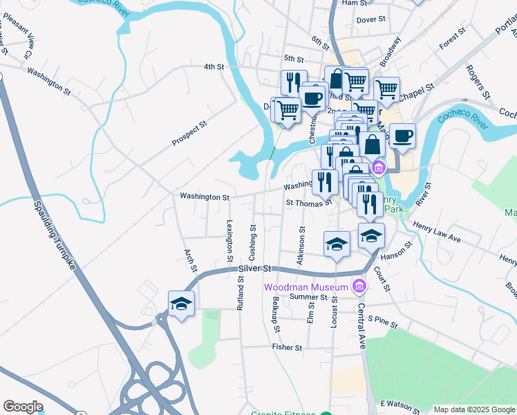 map of restaurants, bars, coffee shops, grocery stores, and more near 219 Washington Street in Dover