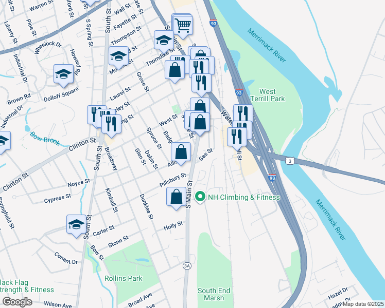 map of restaurants, bars, coffee shops, grocery stores, and more near 114 South State Street in Concord