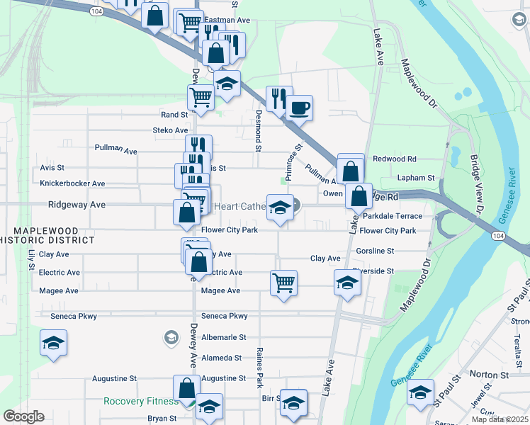 map of restaurants, bars, coffee shops, grocery stores, and more near 154 Ridgeway Avenue in Rochester
