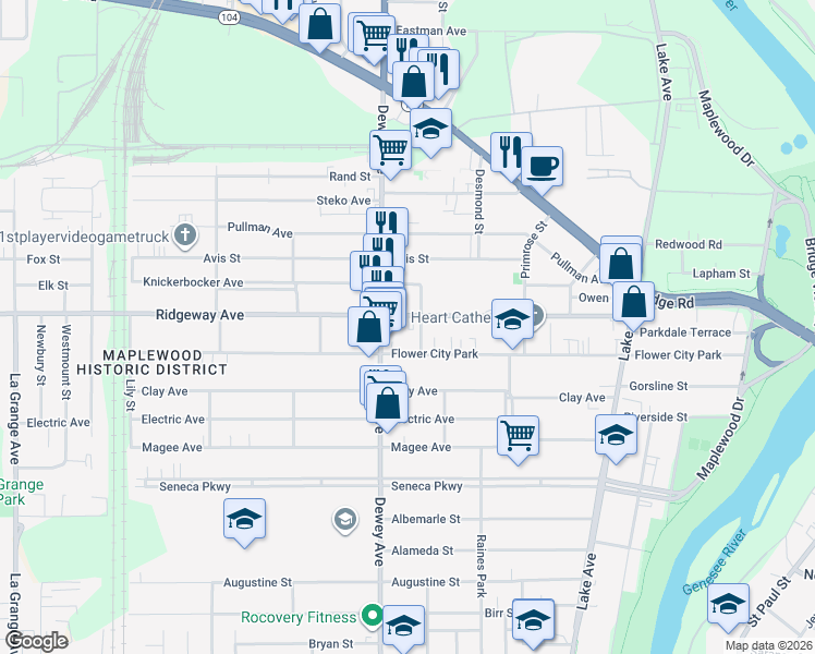 map of restaurants, bars, coffee shops, grocery stores, and more near in Rochester