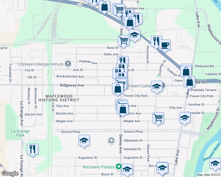 map of restaurants, bars, coffee shops, grocery stores, and more near 382 Ridgeway Avenue in Rochester