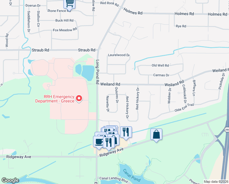 map of restaurants, bars, coffee shops, grocery stores, and more near 1315 Weiland Road in Rochester