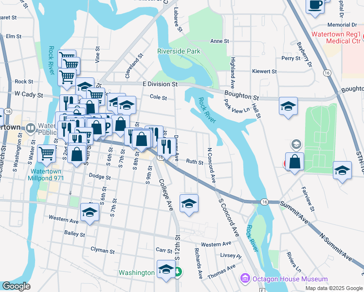 map of restaurants, bars, coffee shops, grocery stores, and more near 205 Dewey Avenue in Watertown