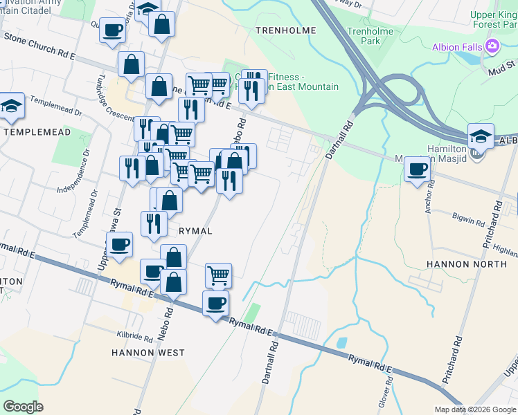 map of restaurants, bars, coffee shops, grocery stores, and more near 44 Ditton Drive in Hamilton