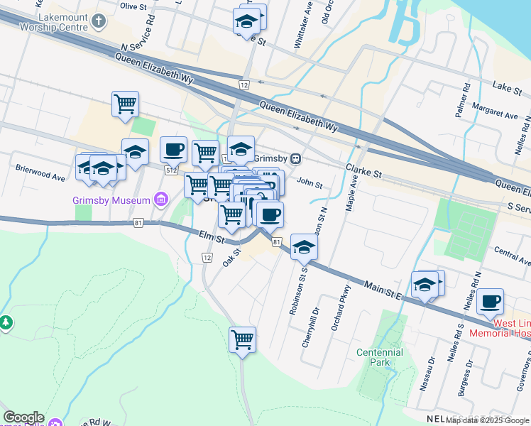 map of restaurants, bars, coffee shops, grocery stores, and more near 12 Ontario Street in Grimsby