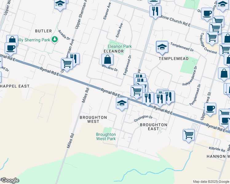 map of restaurants, bars, coffee shops, grocery stores, and more near 829 Rymal Road East in Hamilton